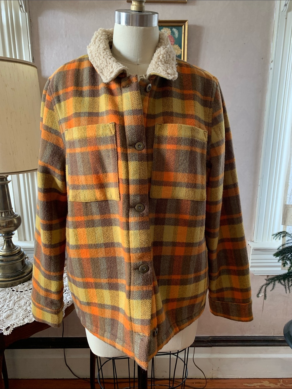 Toad&Co Burntside Trucker Jacket Plaid Teddy-Lined in Mustard, Orange & Brown